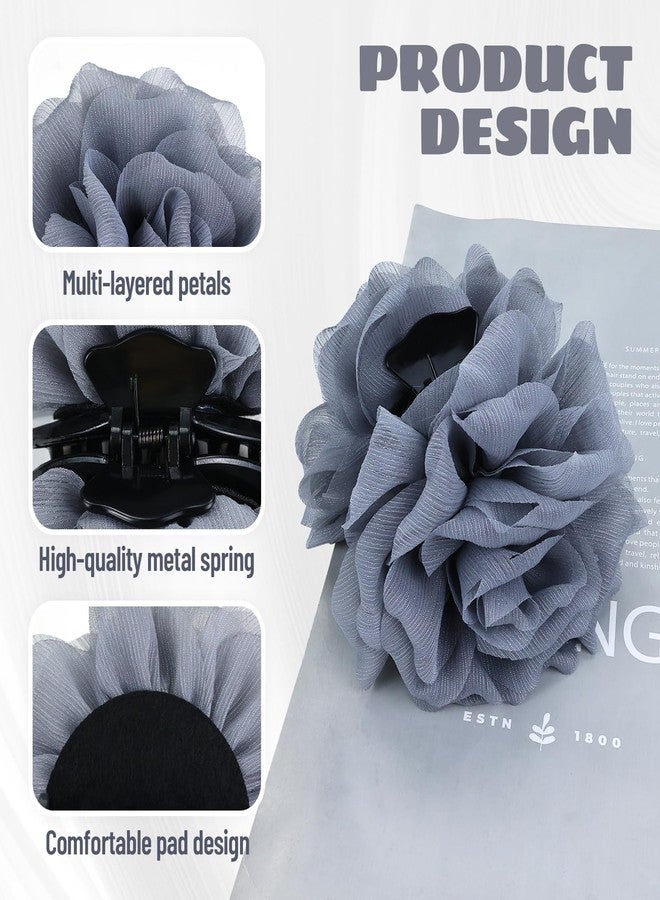 Dizila 3 Pieces Large Tulle Rose Flower Hair Claws Clips Floral Bun Updo Holders Hair Barrettes Headpieces for Women Girls (White+Gray+Black) - Image 3